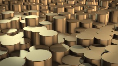 Sanal uzayda soyut silindirik geometrik altın yüzeylerin 3 boyutlu canlandırması. Rastgele yerleştirilmiş geometrik şekiller. Silindirlerden yapılmış parlak ve güzel bir arkaplan