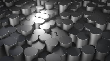 Sanal uzayda soyut silindirik geometrik metalik yüzeylerin üç boyutlu canlandırması. Rastgele yerleştirilmiş geometrik şekiller. Silindirlerden yapılmış parlak ve güzel bir arkaplan