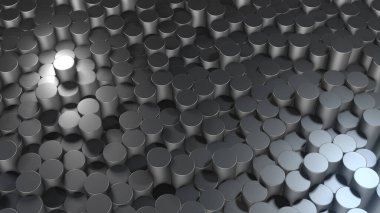 Sanal uzayda soyut silindirik geometrik metalik yüzeylerin üç boyutlu canlandırması. Rastgele yerleştirilmiş geometrik şekiller. Silindirlerden yapılmış parlak ve güzel bir arkaplan