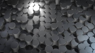 Sanal uzayda soyut silindirik geometrik metalik yüzeylerin üç boyutlu canlandırması. Rastgele yerleştirilmiş geometrik şekiller. Silindirlerden yapılmış parlak ve güzel bir arkaplan