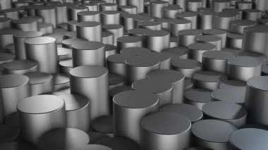 Sanal uzayda soyut silindirik geometrik metalik yüzeylerin üç boyutlu canlandırması. Rastgele yerleştirilmiş geometrik şekiller. Silindirlerden yapılmış parlak ve güzel bir arkaplan