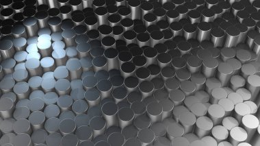 Sanal uzayda soyut silindirik alüminyum yüzeylerin üç boyutlu canlandırması. Rastgele yerleştirilmiş geometrik şekiller. Silindirlerden yapılmış parlak ve güzel bir arkaplan