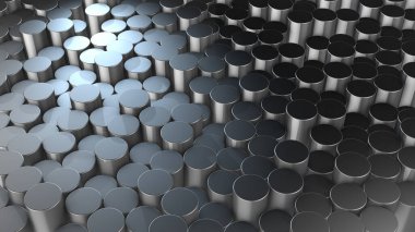 Sanal uzayda soyut silindirik alüminyum yüzeylerin üç boyutlu canlandırması. Rastgele yerleştirilmiş geometrik şekiller. Silindirlerden yapılmış parlak ve güzel bir arkaplan