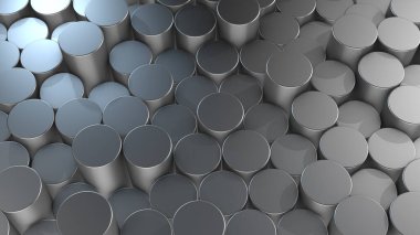 Sanal uzayda soyut silindirik alüminyum yüzeylerin üç boyutlu canlandırması. Rastgele yerleştirilmiş geometrik şekiller. Silindirlerden yapılmış parlak ve güzel bir arkaplan