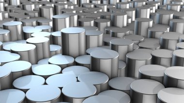 Sanal uzayda soyut silindirik alüminyum yüzeylerin üç boyutlu canlandırması. Rastgele yerleştirilmiş geometrik şekiller. Silindirlerden yapılmış parlak ve güzel bir arkaplan