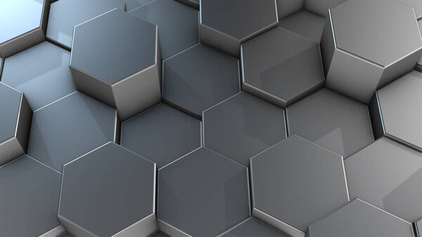 3D rendering of abstract hexagonal geometric aluminum surfaces in virtual space. Randomly placed geometric shapes. Polyhedral wall of hexagons