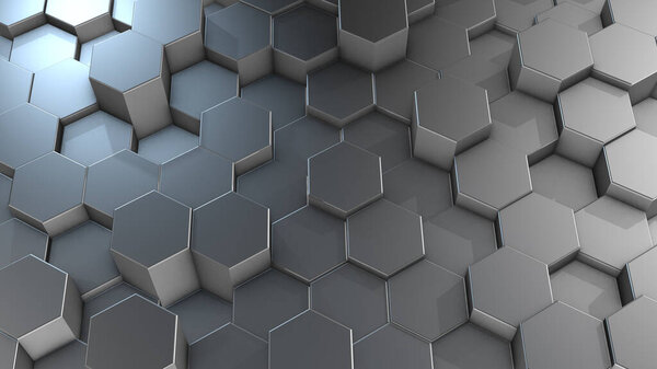 3D rendering of abstract hexagonal geometric aluminum surfaces in virtual space. Randomly placed geometric shapes. Polyhedral wall of hexagons