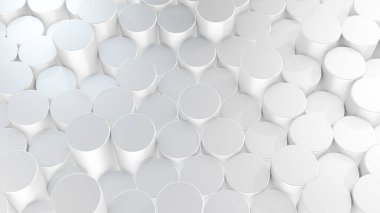 Sanal uzayda soyut silindirik beyaz yüzeylerin üç boyutlu canlandırması. Rastgele yerleştirilmiş geometrik şekiller. Silindirlerden yapılmış parlak ve güzel bir arkaplan