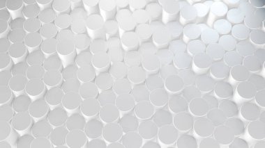 Sanal uzayda soyut silindirik beyaz yüzeylerin üç boyutlu canlandırması. Rastgele yerleştirilmiş geometrik şekiller. Silindirlerden yapılmış parlak ve güzel bir arkaplan