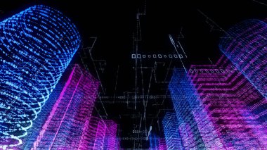 Bir bilgisayar sistemi içinde soyut sanal şehrin 3 boyutlu yansıması. Hologram 3D Büyük Veri Dijital Şehri. İkili kod parçacıkları ağına sahip dijital binalar