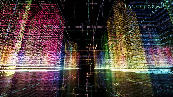 计算机系统内抽象虚拟城市的三维绘制 全息3D大数据数字城市 具有二进制编码粒子网络的数字建筑 — 图库照片