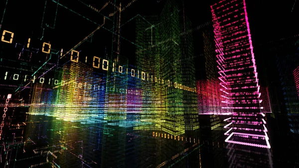 3D rendering of abstract virtual city inside a computer system. Hologram 3D Big Data Digital City. Digital buildings with a binary code particles network