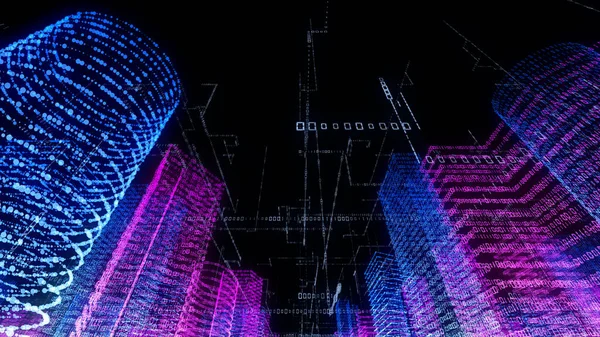 3D rendering of abstract virtual city inside a computer system. Hologram 3D Big Data Digital City. Digital buildings with a binary code particles network