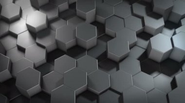 Soyut bir altıgen geometrik metalik yüzey sanal uzayda döngüsel olarak hareket eder. Geometrik şekillerin kaotik titreşimleri. Altıgenlerden oluşan dinamik bir duvar oluşturuluyor