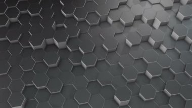 Soyut bir altıgen geometrik alüminyum yüzey sanal uzayda döngüsel olarak hareket eder. Geometrik şekillerin kaotik titreşimleri. Altıgenlerden oluşan dinamik bir duvar oluşturuluyor