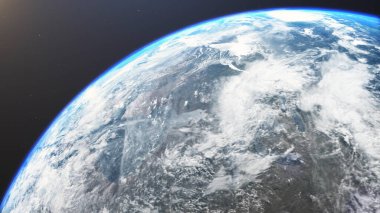 Dünya 'nın uzaydan görünüşünün 3 boyutlu görüntüsü. Gezegenin yüzeyinde görünür bulutlar, kıtalar, okyanuslar vardır. Bu görüntünün elementleri NASA tarafından desteklenmektedir