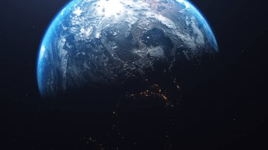 Dünya 'nın uzaydan görünüşünün 3 boyutlu görüntüsü. Gezegenin yüzeyinde görünür bulutlar, kıtalar, okyanuslar vardır. Bu görüntünün elementleri NASA tarafından desteklenmektedir