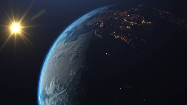 Dünya 'nın uzaydan görünüşünün 3 boyutlu görüntüsü. Gezegenin yüzeyinde görünür bulutlar, kıtalar, okyanuslar vardır. Bu görüntünün elementleri NASA tarafından desteklenmektedir