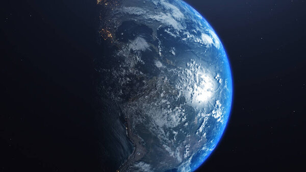 3D rendering of a view of the planet Earth from space. On the surface of the planet are visible clouds, continents, oceans. Elements of this image furnished by NASA