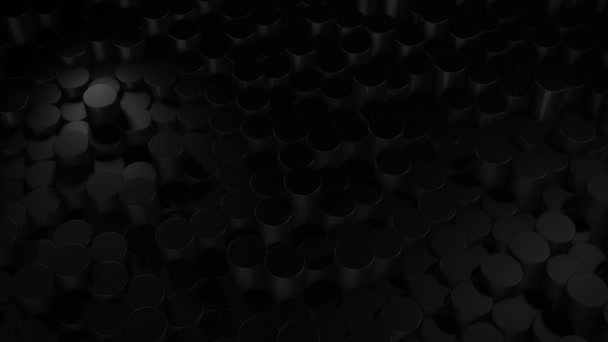 虚拟空间中的圆柱形几何黑色曲面 随机放置几何形状 气缸的明亮而漂亮的背景 — 图库视频影像