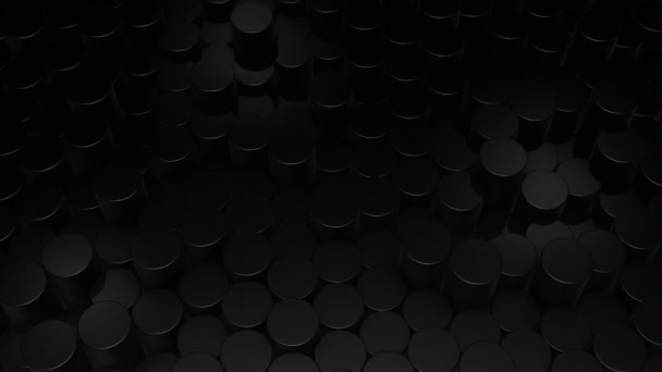 虚拟空间中的圆柱形几何黑色曲面 随机放置几何形状 气缸的明亮而漂亮的背景 — 图库视频影像