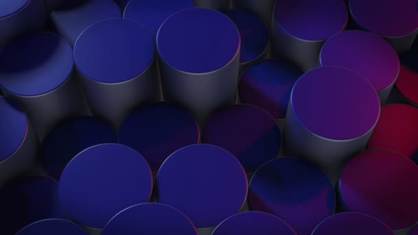 虚拟空间中的圆柱形几何蓝色曲面 随机放置几何形状 气缸的明亮而漂亮的背景 — 图库视频影像