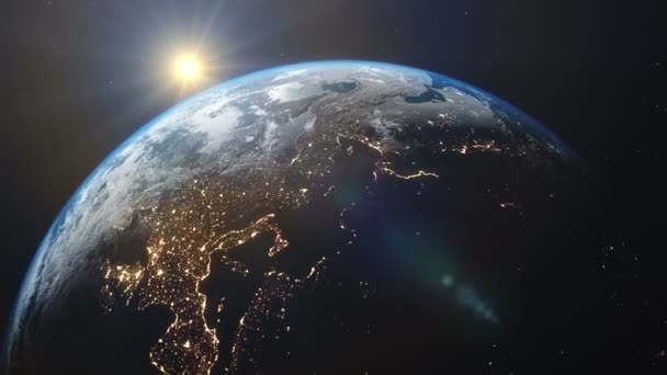 Roterende Planeet Aarde Met Een Echte Kantelas Draairichting Zonsopgang Boven — Stockvideo