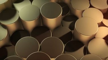 Sanal uzayda soyut silindirik geometrik altın yüzeyler. Rastgele yerleştirilmiş geometrik şekiller. Silindirlerden yapılmış parlak ve güzel bir arkaplan