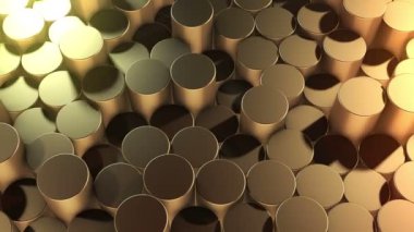 Sanal uzayda soyut silindirik geometrik altın yüzeyler. Rastgele yerleştirilmiş geometrik şekiller. Silindirlerden yapılmış parlak ve güzel bir arkaplan