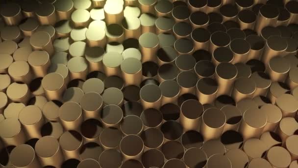 虚拟空间中的圆柱形几何金色曲面 随机放置几何形状 气缸的明亮而漂亮的背景 — 图库视频影像