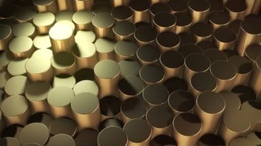 Sanal uzayda soyut silindirik geometrik altın yüzeyler. Rastgele yerleştirilmiş geometrik şekiller. Silindirlerden yapılmış parlak ve güzel bir arkaplan