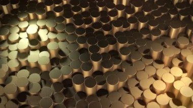 Sanal uzayda soyut silindirik geometrik altın yüzeyler. Rastgele yerleştirilmiş geometrik şekiller. Silindirlerden yapılmış parlak ve güzel bir arkaplan