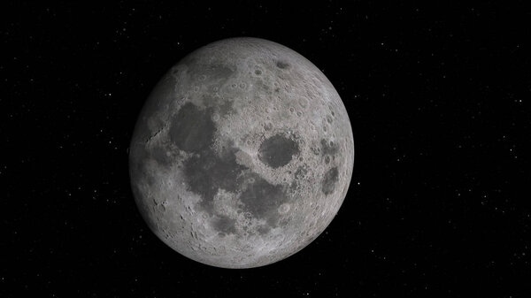 3D rendering of the lunar orbit. The Moon against the background of space with illuminated craters and lunar soil. Elements of this image furnished by NASA