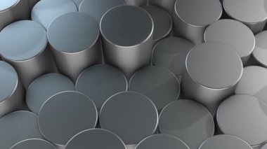 Sanal uzayda soyut silindirik geometrik alüminyum yüzeyler. Rastgele yerleştirilmiş geometrik şekiller. Silindirlerden yapılmış parlak ve güzel bir arkaplan