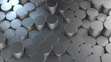 Sanal uzayda soyut silindirik geometrik alüminyum yüzeyler. Rastgele yerleştirilmiş geometrik şekiller. Silindirlerden yapılmış parlak ve güzel bir arkaplan