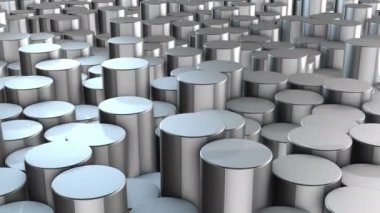 Sanal uzayda soyut silindirik geometrik alüminyum yüzeyler. Rastgele yerleştirilmiş geometrik şekiller. Silindirlerden yapılmış parlak ve güzel bir arkaplan