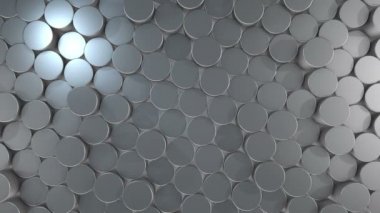 Sanal uzayda soyut silindirik geometrik alüminyum yüzeyler. Rastgele yerleştirilmiş geometrik şekiller. Silindirlerden yapılmış parlak ve güzel bir arkaplan