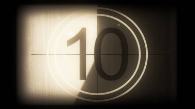 Tek renkli evrensel geri sayım film liderinin 3 boyutlu canlandırması. 10 'dan 0' a geri sayım saati. Detaylar, çizikler, çizikler, toprak, keçeli kalemler ve film tahıllarıyla dolu eski filmin efekti