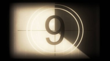 Tek renkli evrensel geri sayım film liderinin 3 boyutlu canlandırması. 10 'dan 0' a geri sayım saati. Detaylar, çizikler, çizikler, toprak, keçeli kalemler ve film tahıllarıyla dolu eski filmin efekti