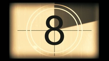 Tek renkli evrensel geri sayım film liderinin 3 boyutlu canlandırması. 10 'dan 0' a geri sayım saati. Detaylar, çizikler, çizikler, toprak, keçeli kalemler ve film tahıllarıyla dolu eski filmin efekti