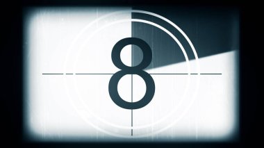 Tek renkli evrensel geri sayım film liderinin 3 boyutlu canlandırması. 10 'dan 0' a geri sayım saati. Detaylar, çizikler, çizikler, toprak, keçeli kalemler ve film tahıllarıyla dolu eski filmin efekti