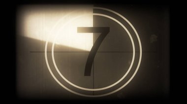 Tek renkli evrensel geri sayım film liderinin 3 boyutlu canlandırması. 10 'dan 0' a geri sayım saati. Detaylar, çizikler, çizikler, toprak, keçeli kalemler ve film tahıllarıyla dolu eski filmin efekti