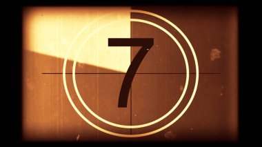 Tek renkli evrensel geri sayım film liderinin 3 boyutlu canlandırması. 10 'dan 0' a geri sayım saati. Detaylar, çizikler, çizikler, toprak, keçeli kalemler ve film tahıllarıyla dolu eski filmin efekti