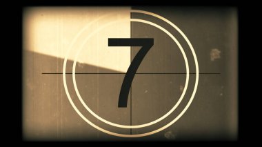 Tek renkli evrensel geri sayım film liderinin 3 boyutlu canlandırması. 10 'dan 0' a geri sayım saati. Detaylar, çizikler, çizikler, toprak, keçeli kalemler ve film tahıllarıyla dolu eski filmin efekti