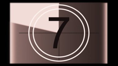 Tek renkli evrensel geri sayım film liderinin 3 boyutlu canlandırması. 10 'dan 0' a geri sayım saati. Detaylar, çizikler, çizikler, toprak, keçeli kalemler ve film tahıllarıyla dolu eski filmin efekti