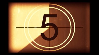 Tek renkli evrensel geri sayım film liderinin 3 boyutlu canlandırması. 10 'dan 0' a geri sayım saati. Detaylar, çizikler, çizikler, toprak, keçeli kalemler ve film tahıllarıyla dolu eski filmin efekti