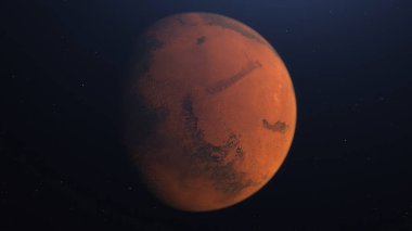 Mars yörüngesinin 3 boyutlu görüntüsü. Aydınlanmış kraterler ve Mars dağlarıyla Mars uzayda. Bu görüntünün elementleri NASA tarafından desteklenmektedir