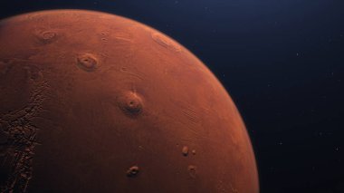 Mars yörüngesinin 3 boyutlu görüntüsü. Aydınlanmış kraterler ve Mars dağlarıyla Mars uzayda. Bu görüntünün elementleri NASA tarafından desteklenmektedir