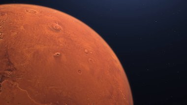 Mars yörüngesinin 3 boyutlu görüntüsü. Aydınlanmış kraterler ve Mars dağlarıyla Mars uzayda. Bu görüntünün elementleri NASA tarafından desteklenmektedir