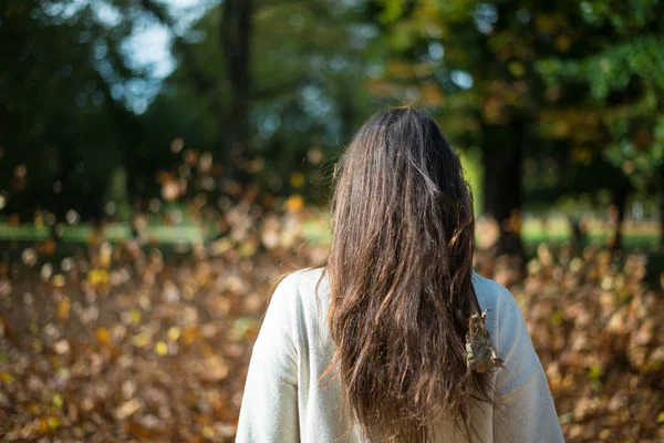 Sonbaharda düşen yaprakları arasında parkta uzun saçlı kız